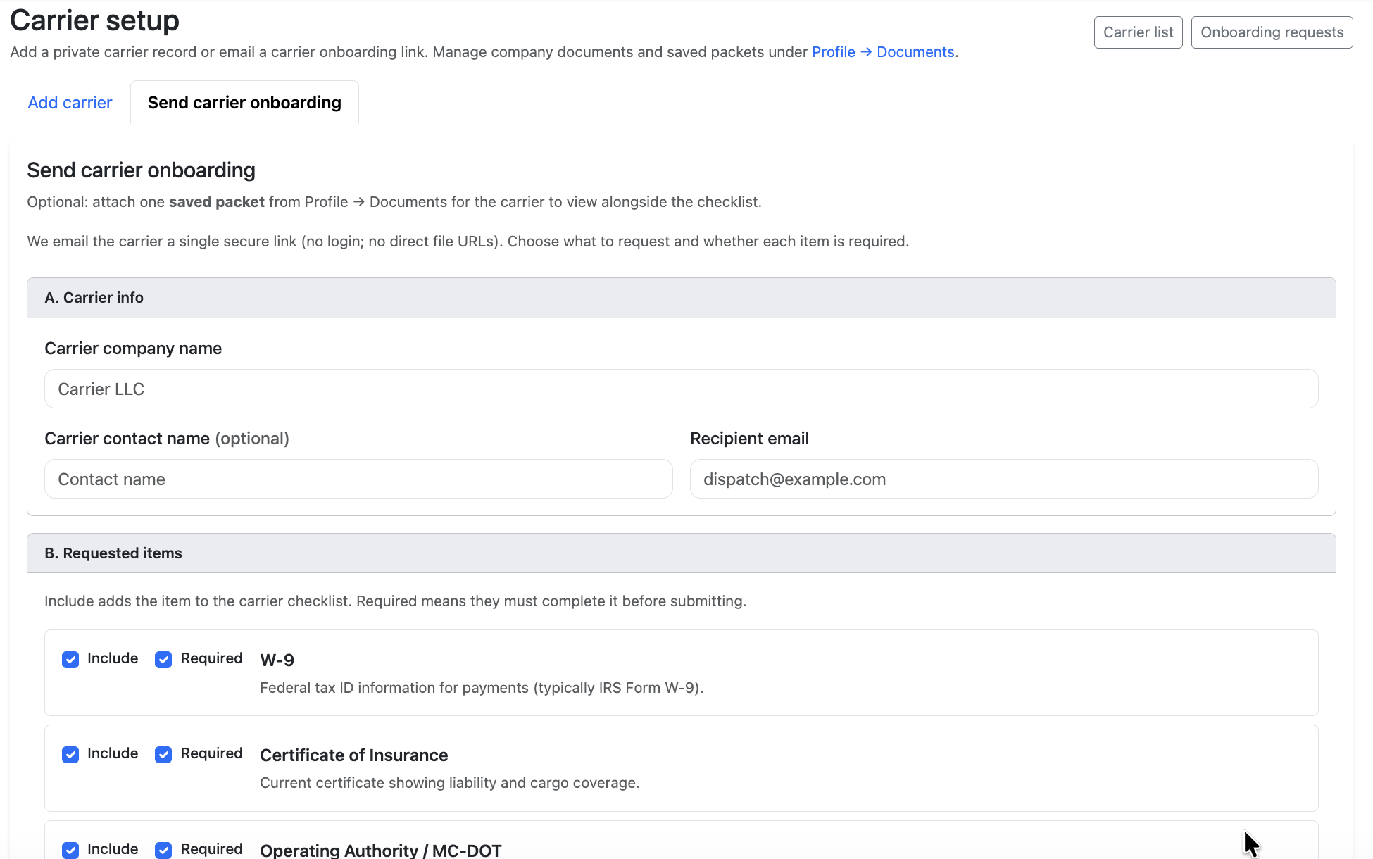 Trulos carrier onboarding screen with a secure link, carrier info fields, and requested items such as W-9, Certificate of Insurance, and Operating Authority marked required.